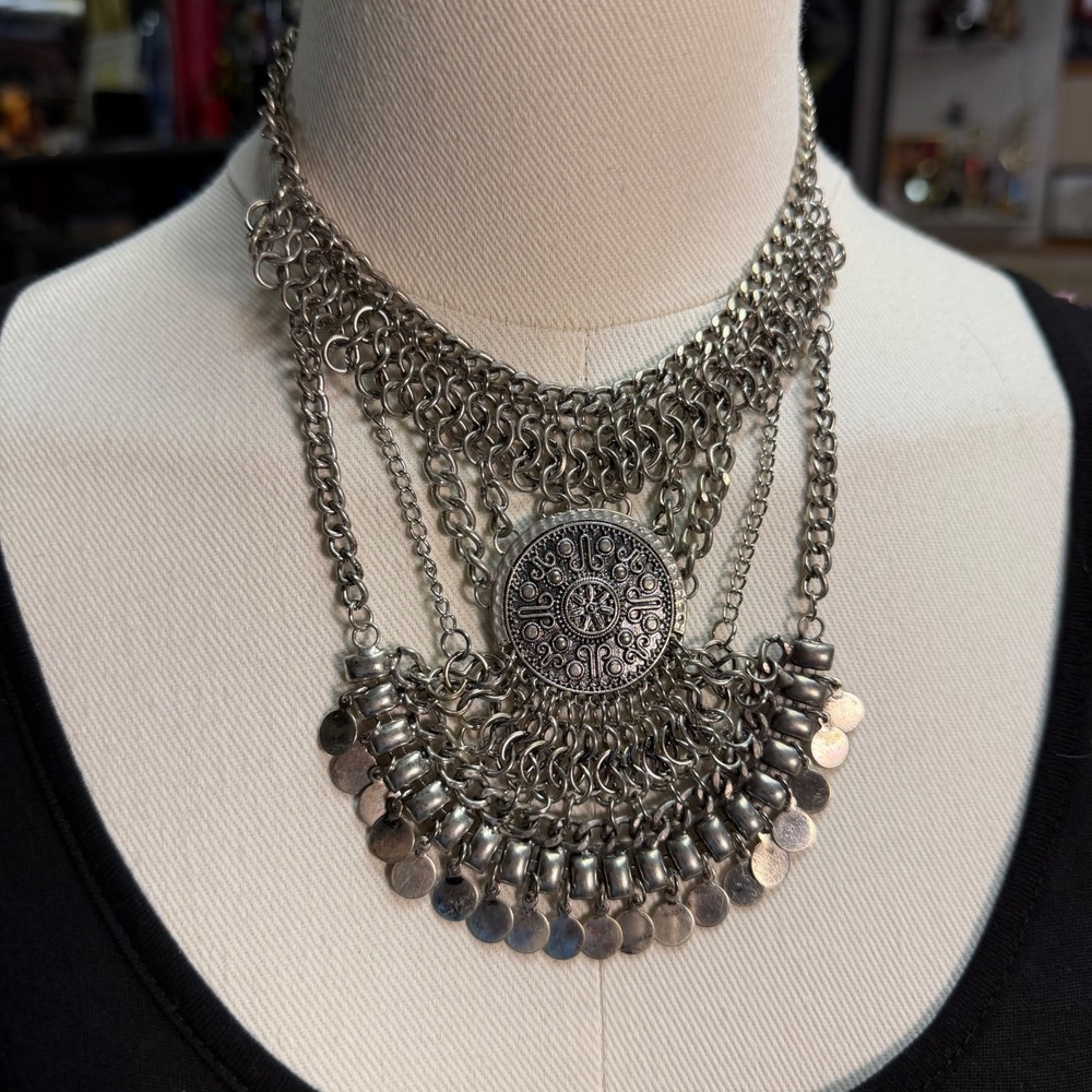 Vintage Bib Necklace Women OS Silver Good Chainmail Coin Medallion Whimsigoth